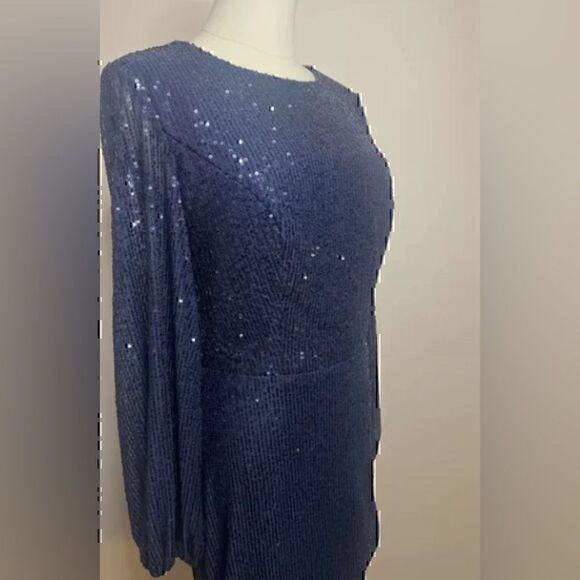 NWT Mac Duggal Midnight Blue “Sequined Puff Sleeve High Neck Dress 18 - Picture 7 of 8